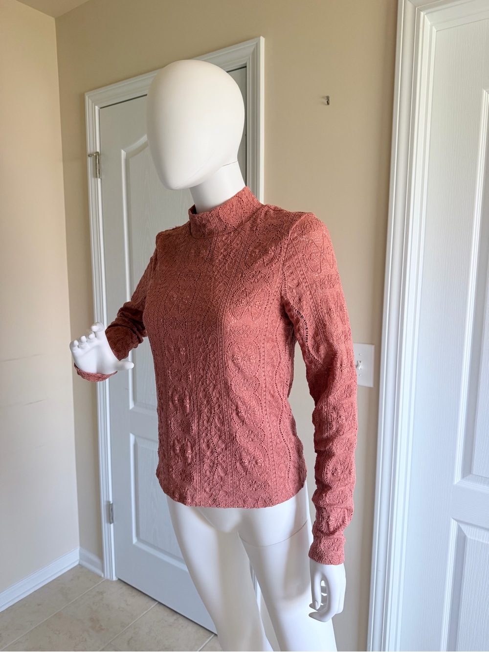 Anthropologie Dusty Rose Lace Mock Neck Top - Picture 4 of 7